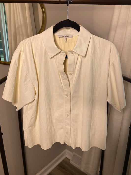 Frame Pleated Button-front Leather Shirt In Bone size M