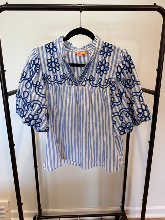 THML Blue Puff Sleeve Striped Embroidered Top size L