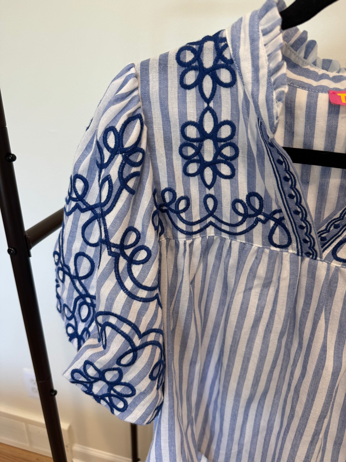THML Blue Puff Sleeve Striped Embroidered Top size L