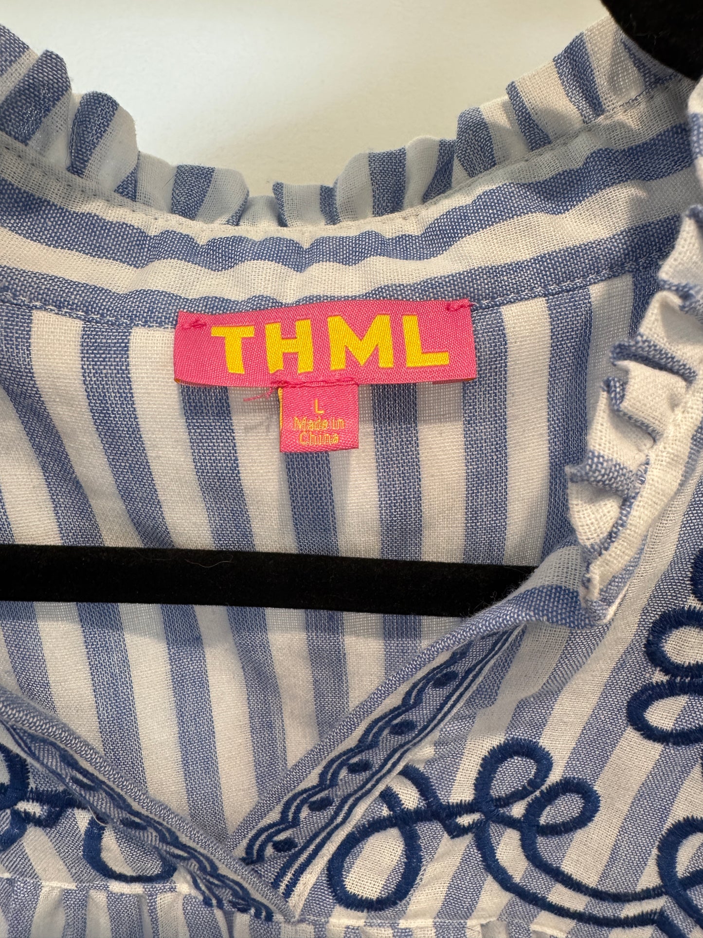 THML Blue Puff Sleeve Striped Embroidered Top size L