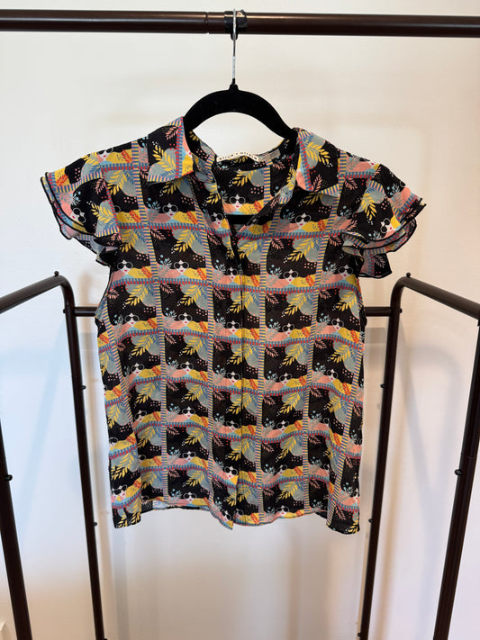 Alice and Olivia Willa Flutter Sleeve Stace Face Silk Top size XS