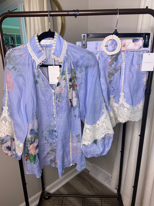 Zimmermann Everley Lace Trim Blouse and Tuck Shorts size US 4