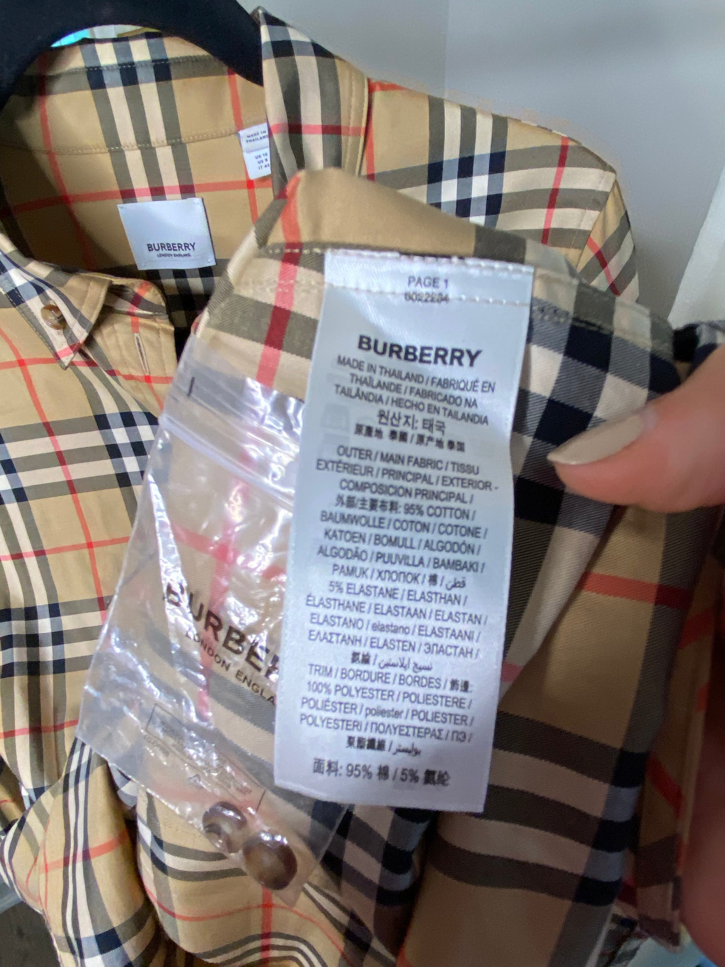 Burberry Check Stretch Cotton Shirt size US 8