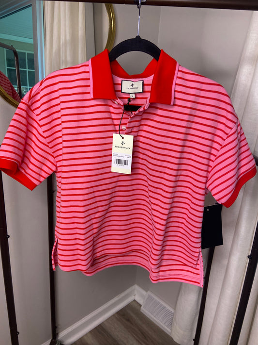 Tuckernuck Pink and Red Stripe Pique Holmes Boyfriend Polo size M