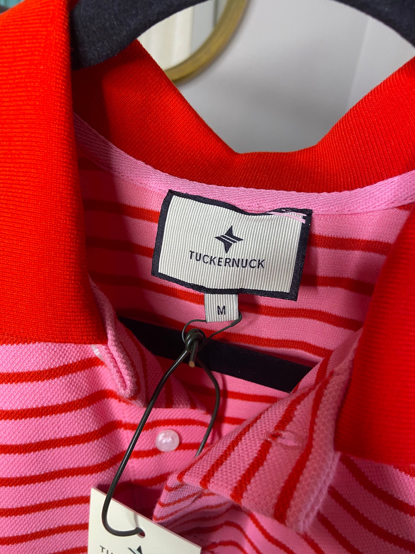 Tuckernuck Pink and Red Stripe Pique Holmes Boyfriend Polo size M