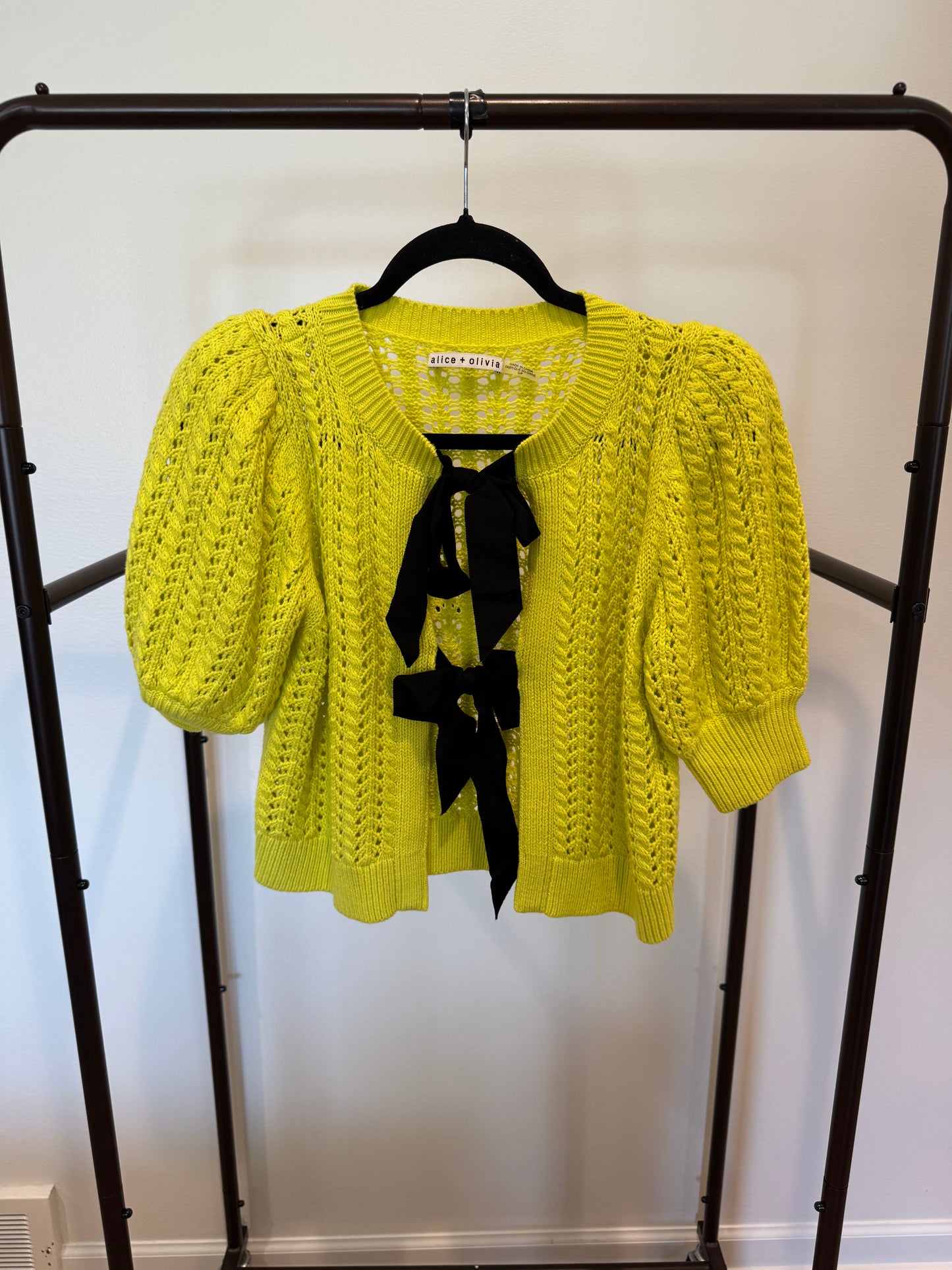Alice and Olivia Kitty Puff Sleeve Bow Cardigan in Yellow size S
