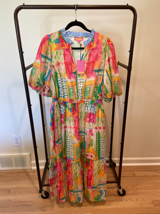 THML Printed Ruffle Collar Puff Sleeve Dress size L