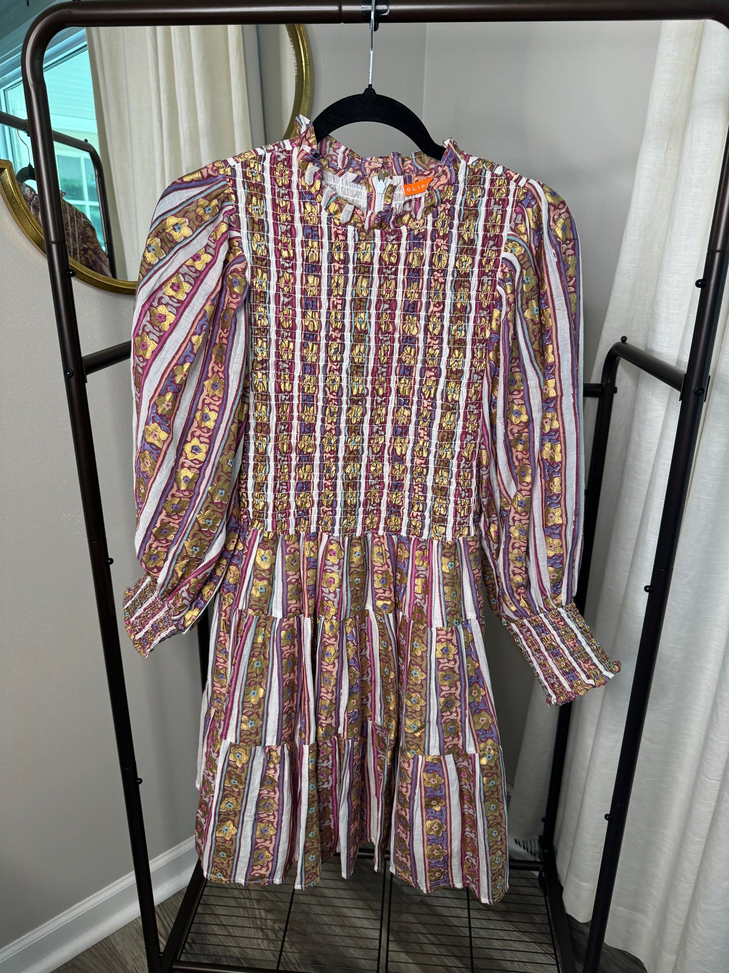Oliphant Olive Petal Smocked Flirty Mini Dress size L