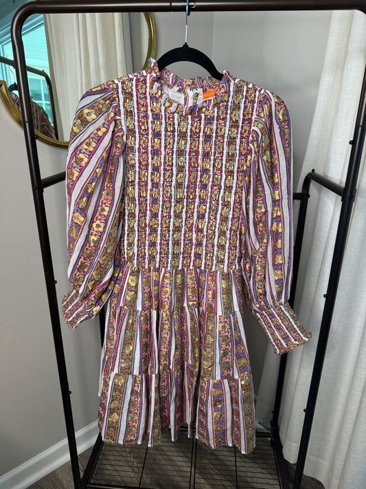Oliphant Olive Petal Smocked Flirty Mini Dress size L