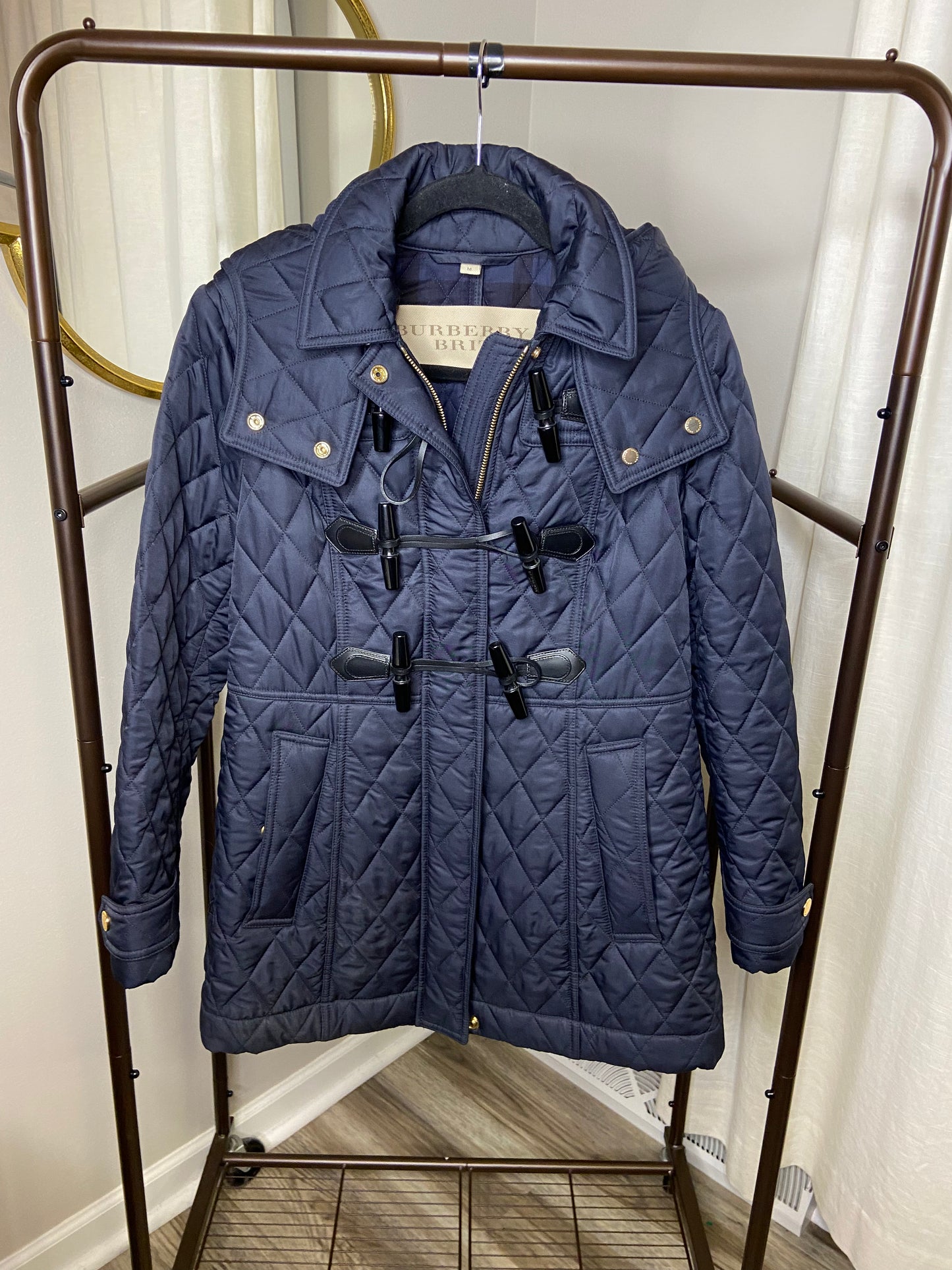 Burberry Quilted Navy Blue Toggle Coat size M