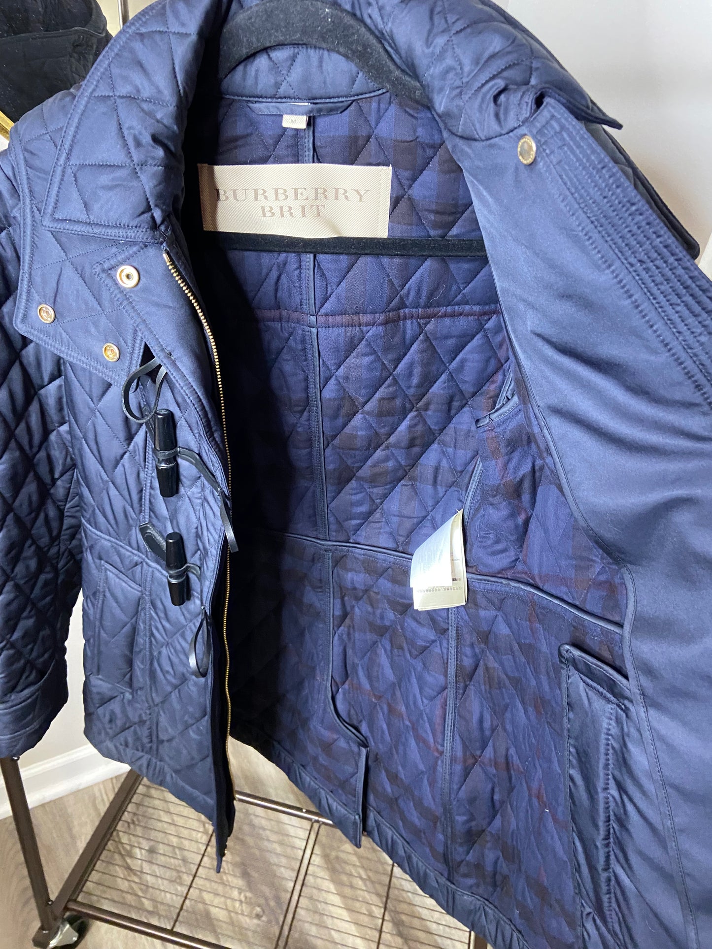 Burberry Quilted Navy Blue Toggle Coat size M
