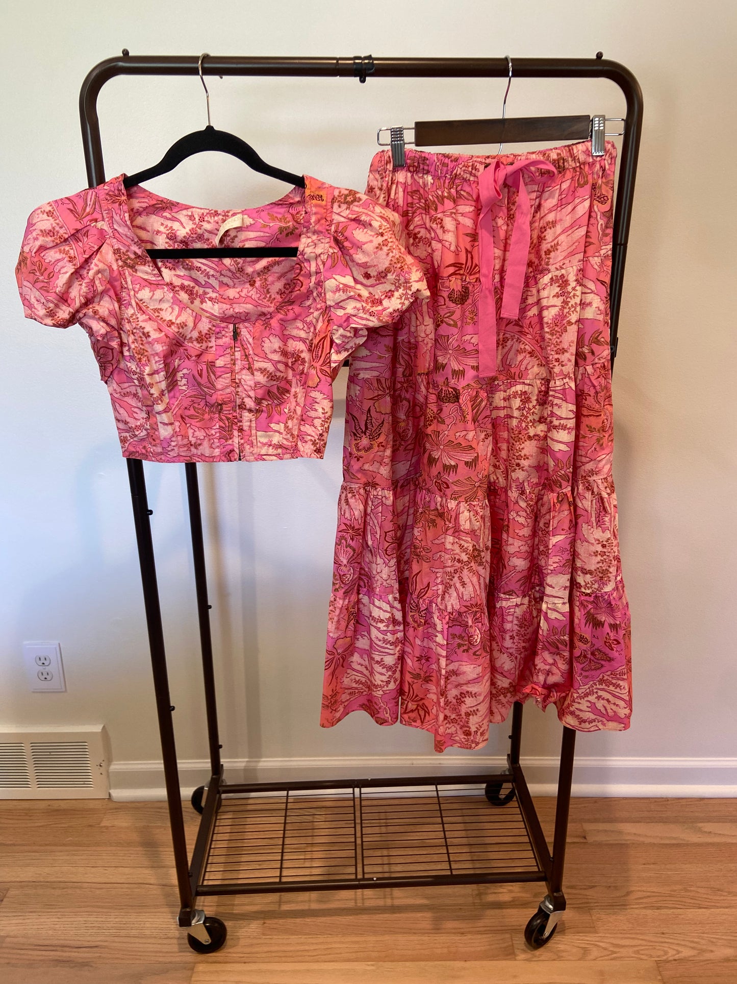 Ulla Johnson Makana Floral Tiered Midi Skirt in Cotton Poplin with Kalena Top size 0 / 2