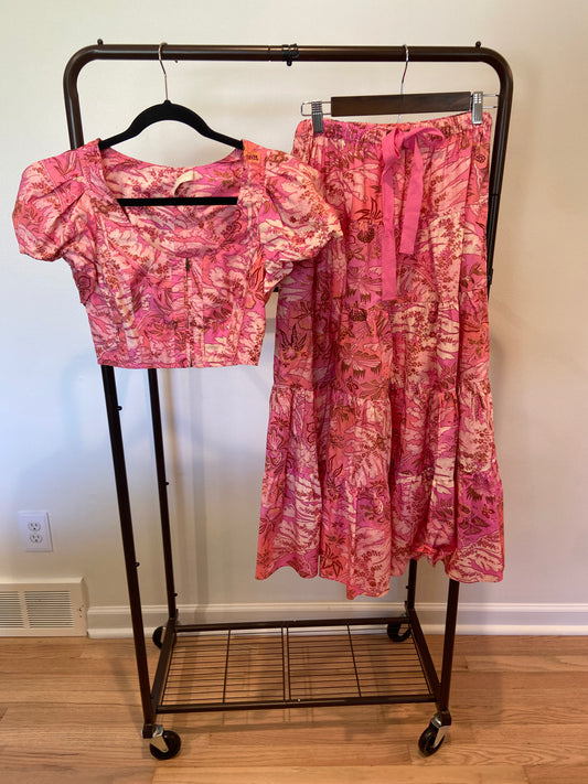 Ulla Johnson Makana Floral Tiered Midi Skirt in Cotton Poplin with Kalena Top size 0 / 2