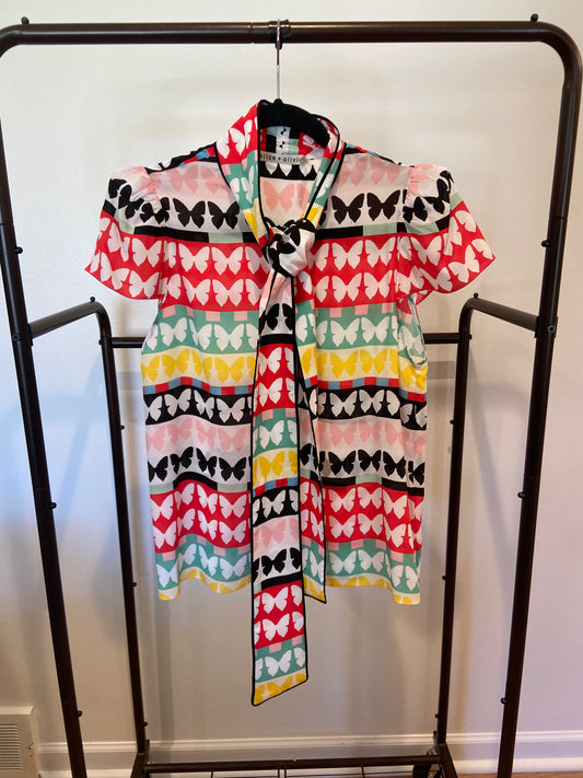 Alice + Olivia Jeannie Butterfly Print Piped Bow Silk Top size S