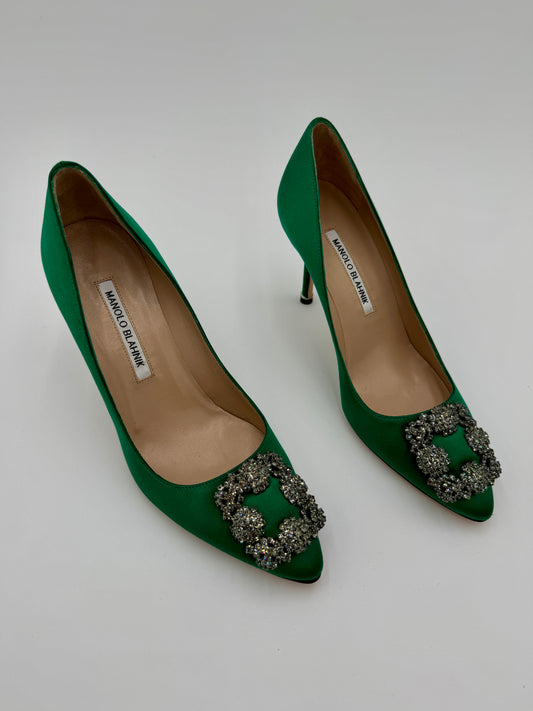 MANOLO BLAHNIK Green Satin Hangisi Pointed Toe Pumps 90mm size 37.5