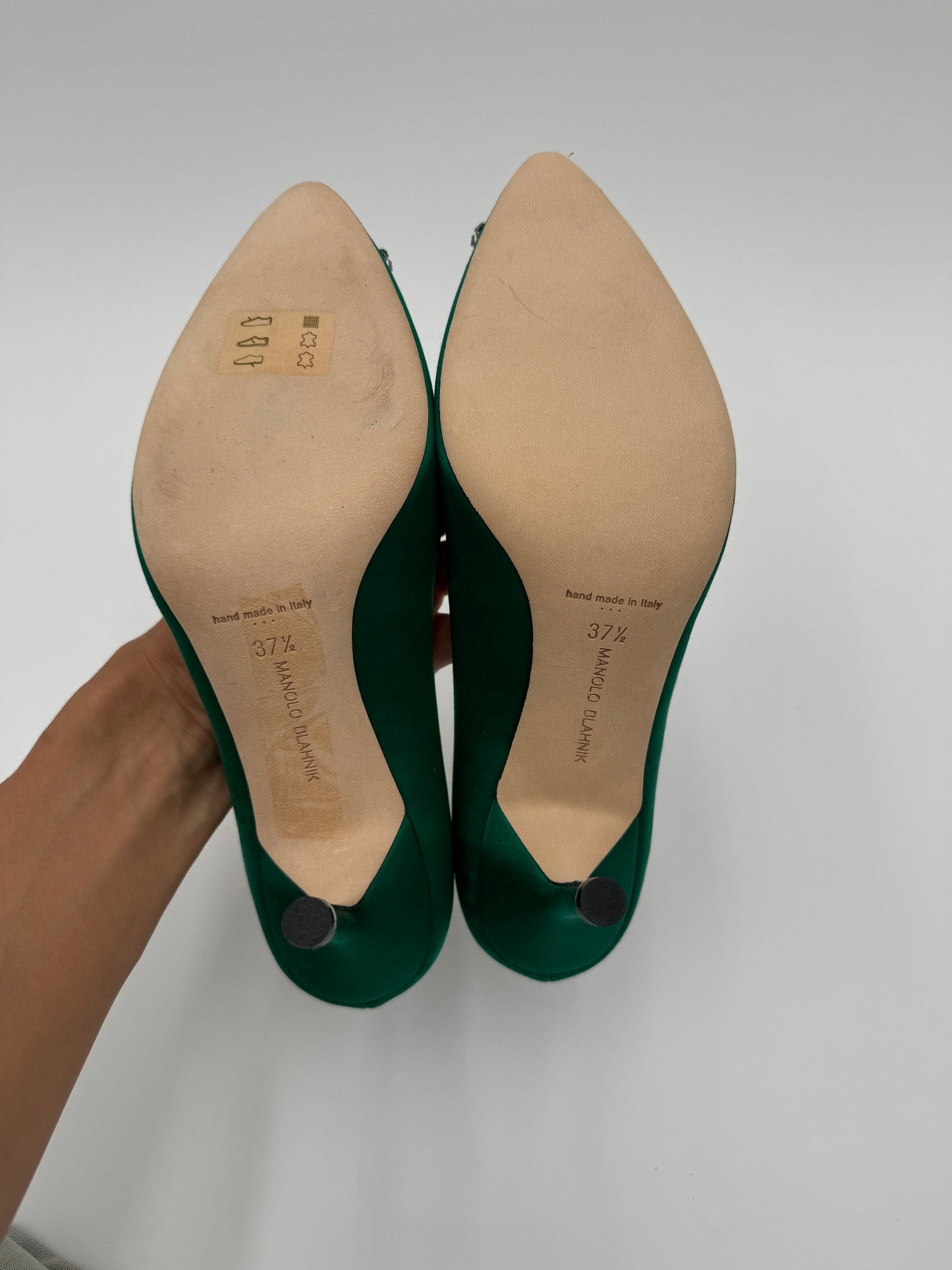 MANOLO BLAHNIK Green Satin Hangisi Pointed Toe Pumps 90mm size 37.5