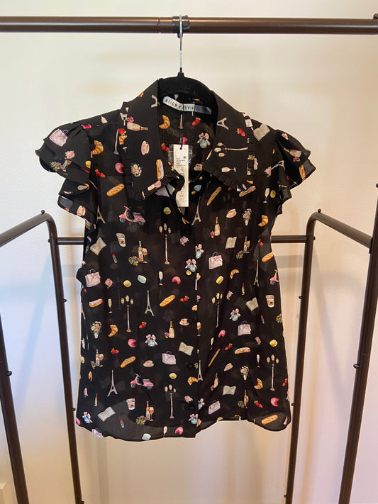 Alice + Olivia Martel Silk Blouse Paris Top size M