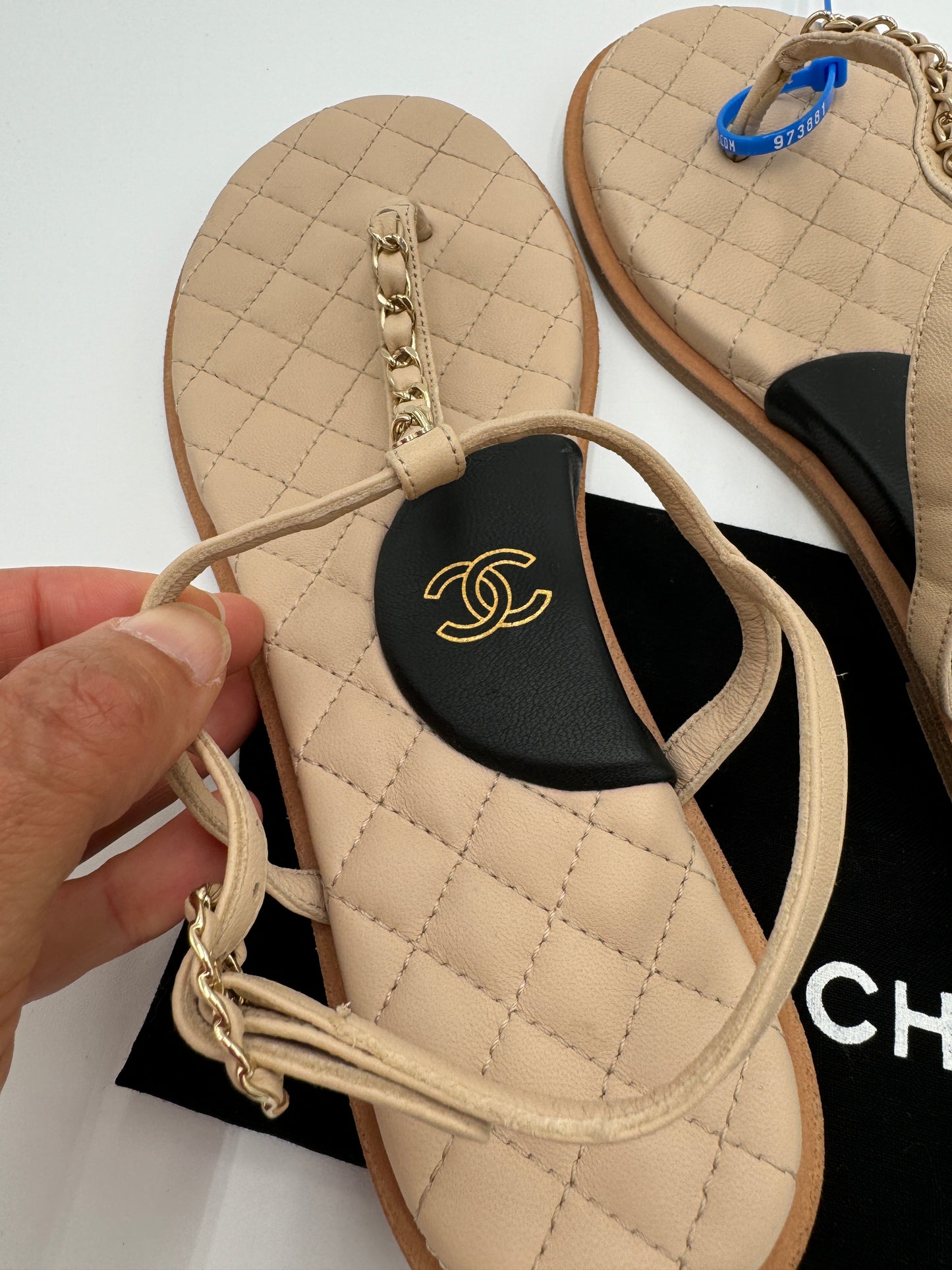 CHANEL Lambskin CC Chain Thong Sandals size 38