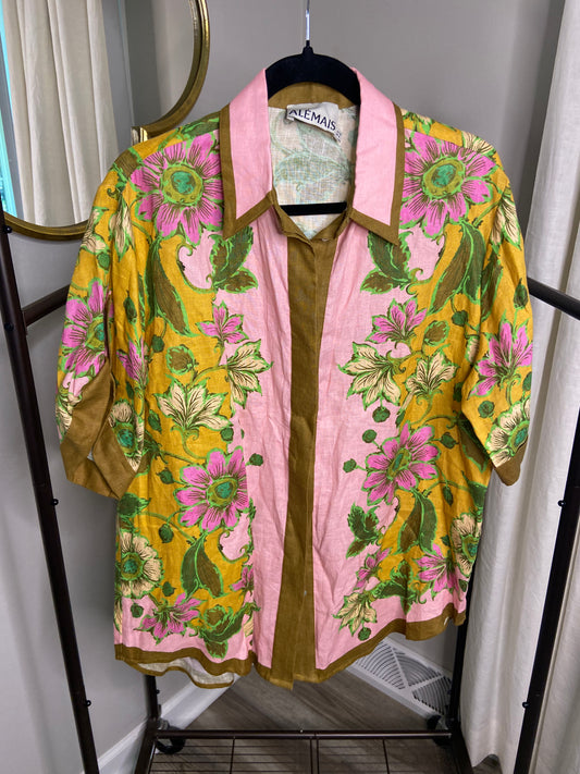 Alemais Winnie Floral Button Down Linen Shirt size US 6