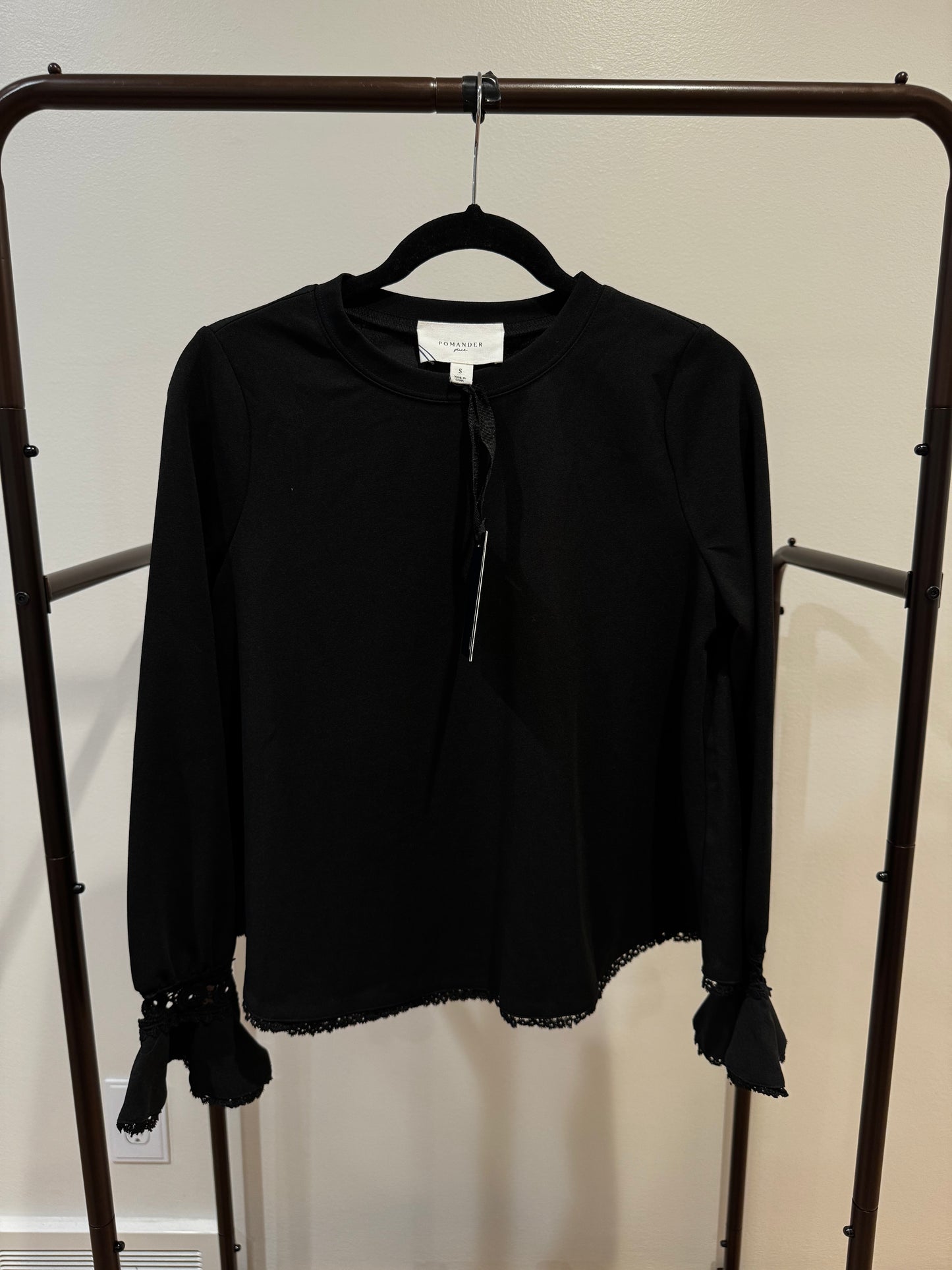 Pomander Place Black Palmer Blouse Bell Sleeve with Lace Trim size S