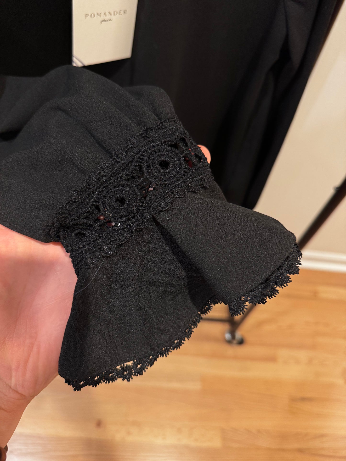 Pomander Place Black Palmer Blouse Bell Sleeve with Lace Trim size S