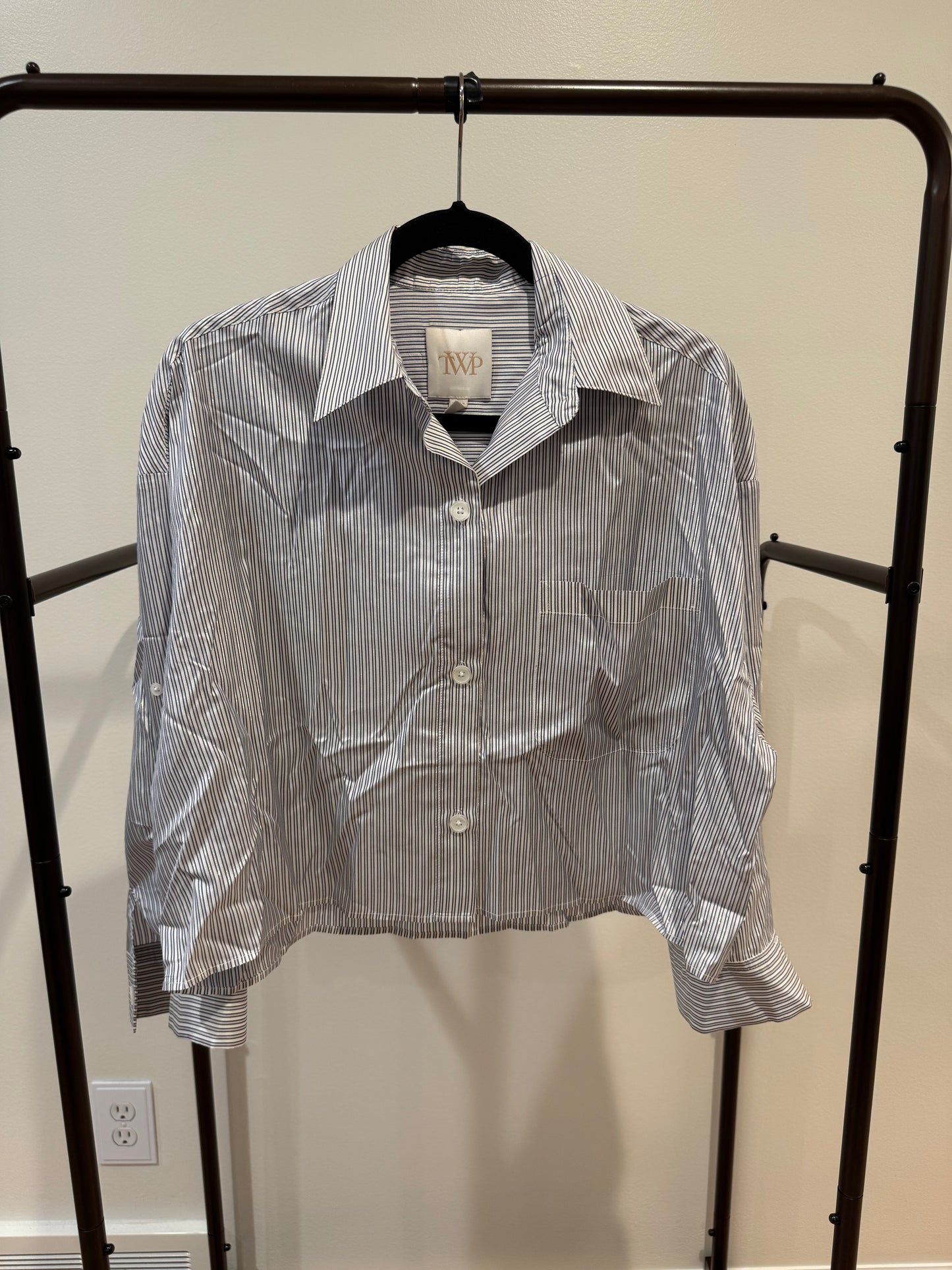 TWP Next Ex Silk Voile Cropped Shirt in Indigo Metallic Stripes size XS/S