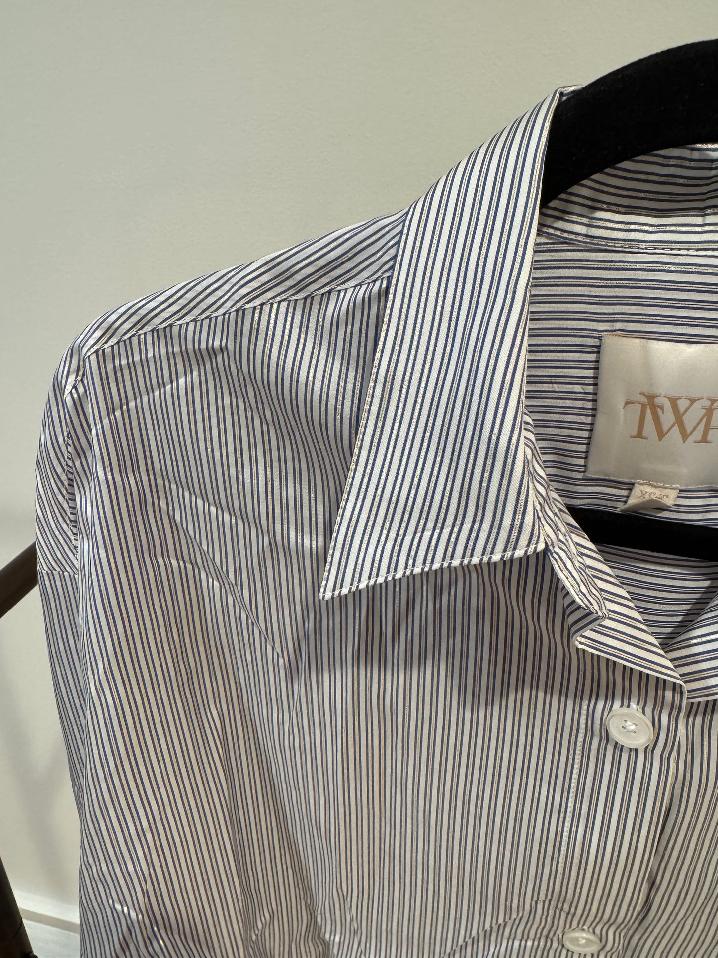 TWP Next Ex Silk Voile Cropped Shirt in Indigo Metallic Stripes size XS/S