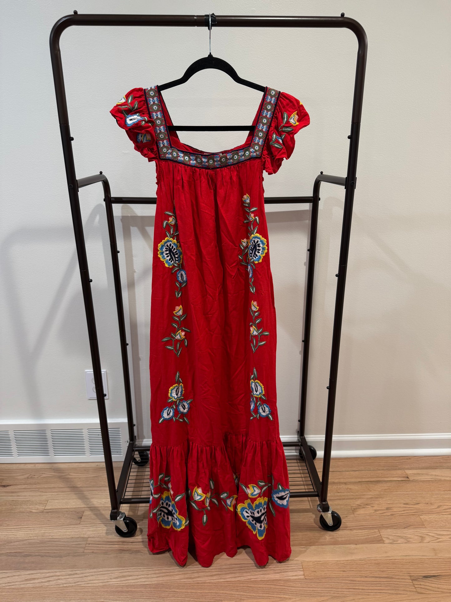 Farm Rio Embroidered Square-Neck Red Dress size XS