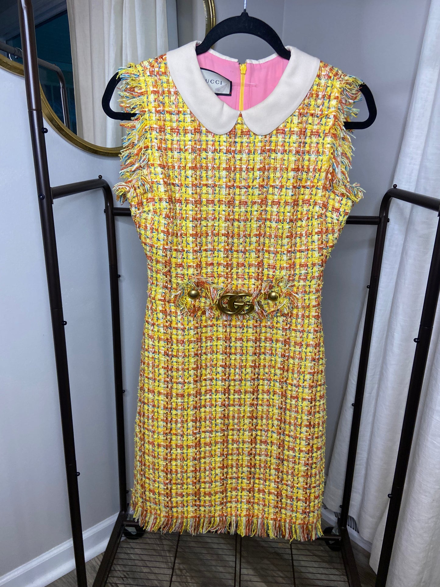Gucci Yellow Tweed Embellished Mini Dress size XS