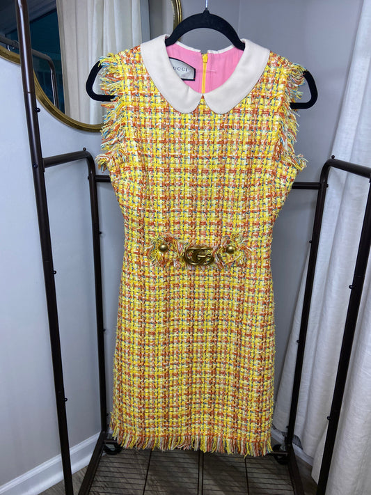 Gucci Yellow Tweed Embellished Mini Dress size XS
