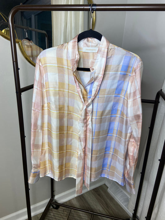 Zimmermann Dancer Ombré Check Tie Neck Silk Shirt size 6