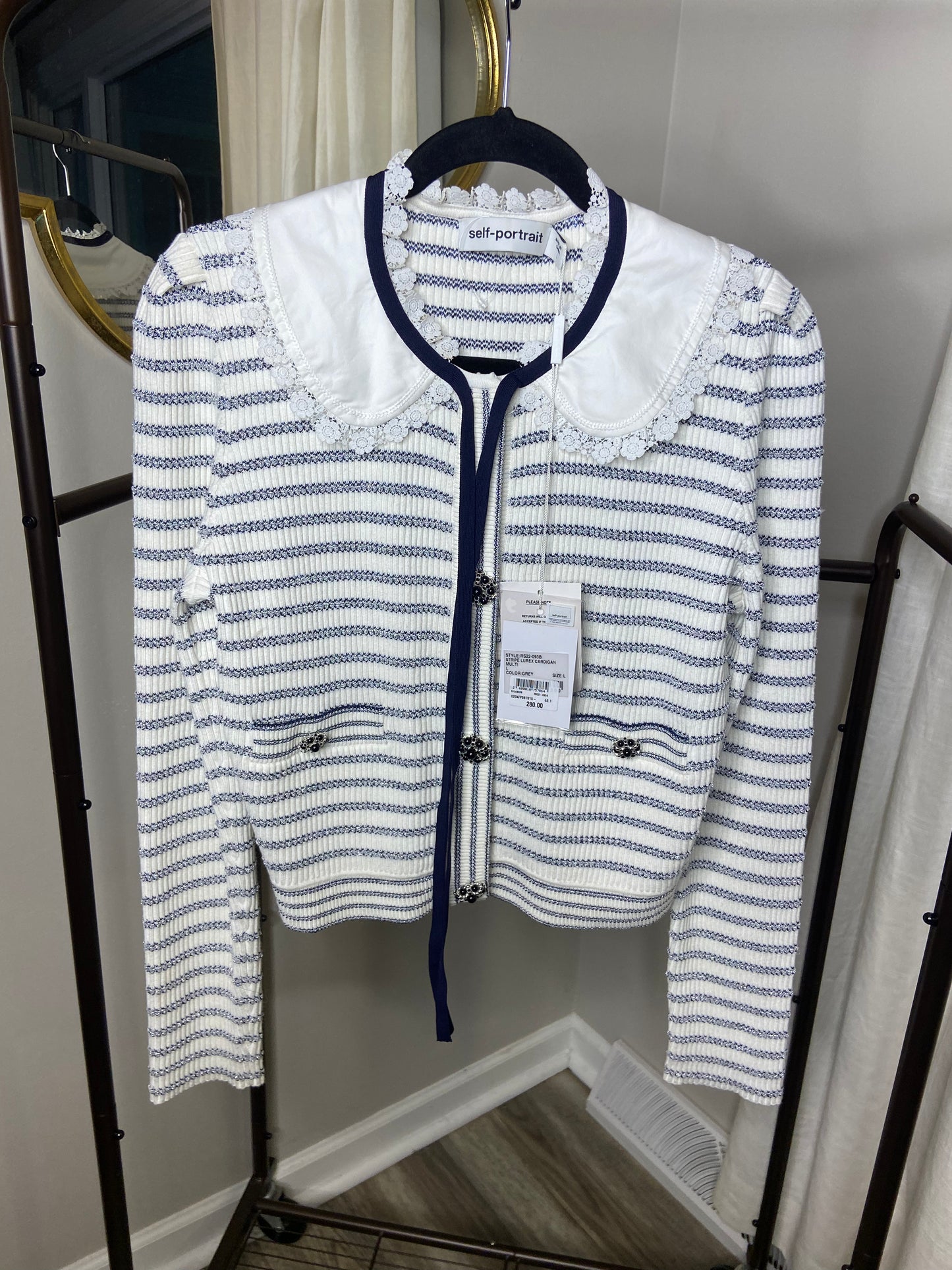 Self Portrait Embellished Striped Metallic Ribbed Cardigan size L