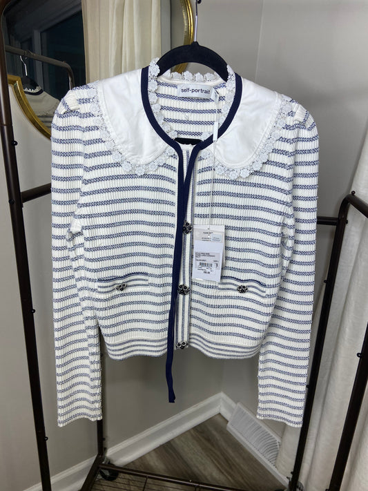 Self Portrait Embellished Striped Metallic Ribbed Cardigan size L