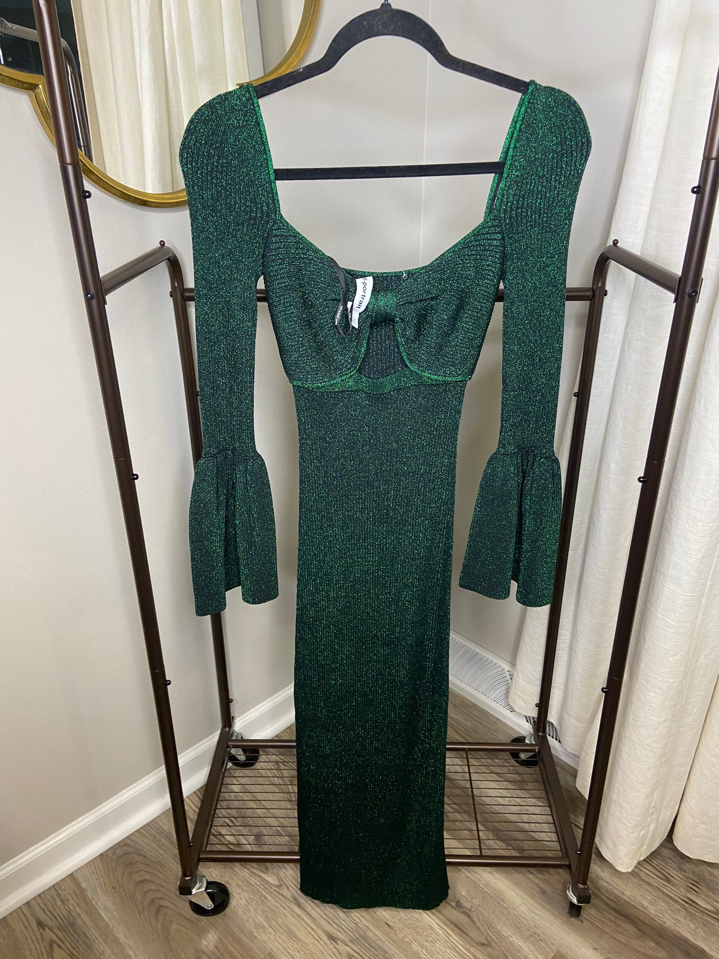 Self Portrait Bow Lurex Green Metallic Knit Midi Dress size S