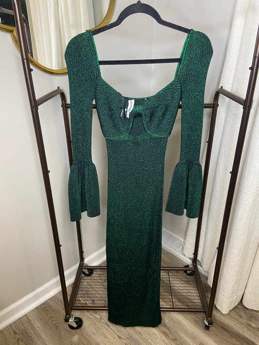 Self Portrait Bow Lurex Green Metallic Knit Midi Dress size S