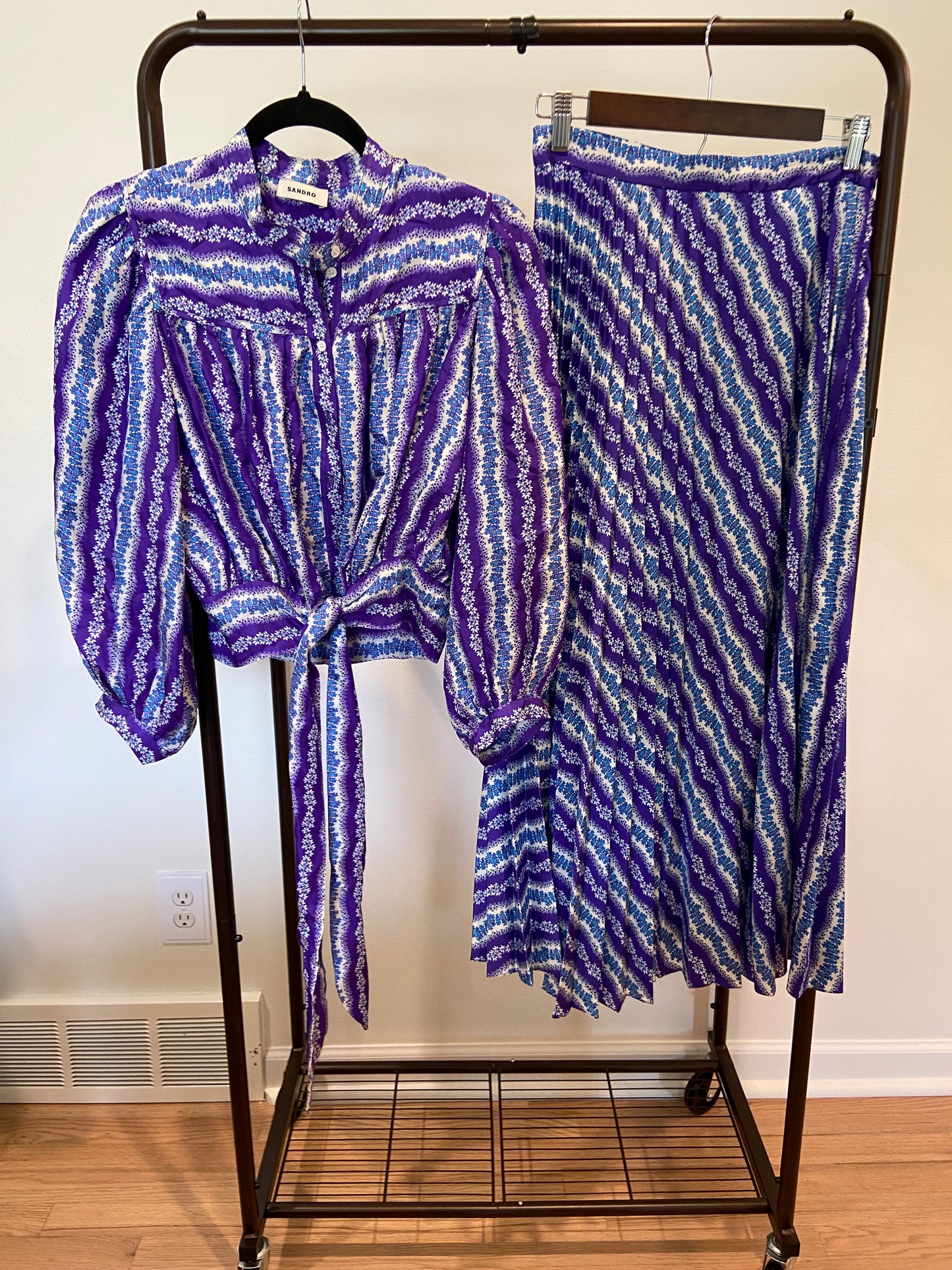 Sandro Peninsula Silk Top and Perona Stripe Pleated Skirt size 38 US 8