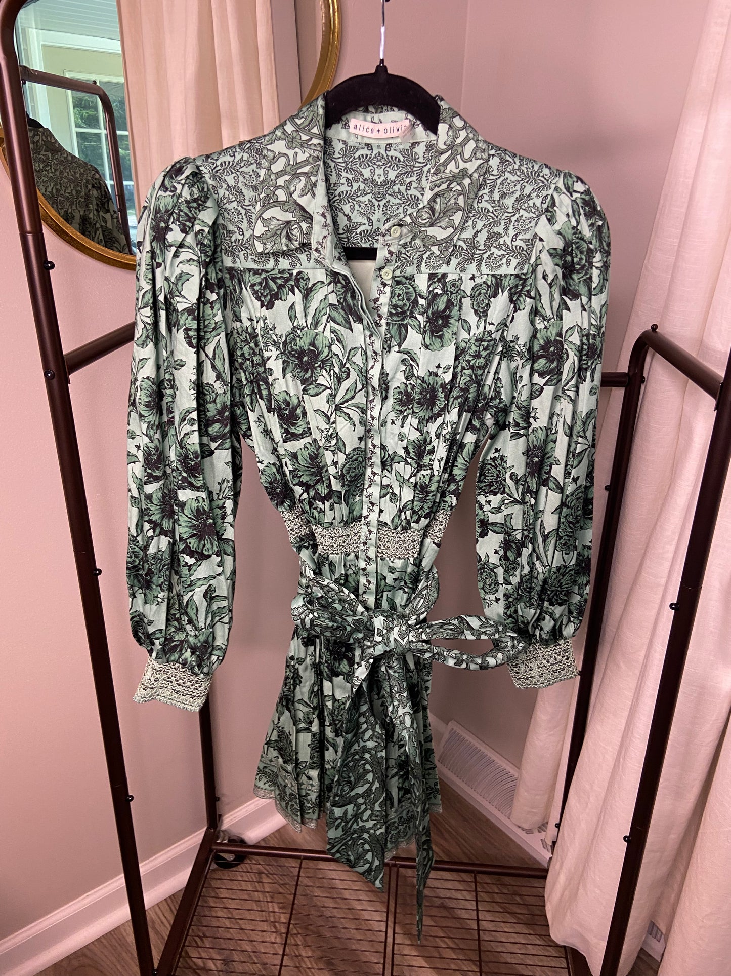 Alice and Olivia Tiffie Belted Floral Print Green Dress size 4