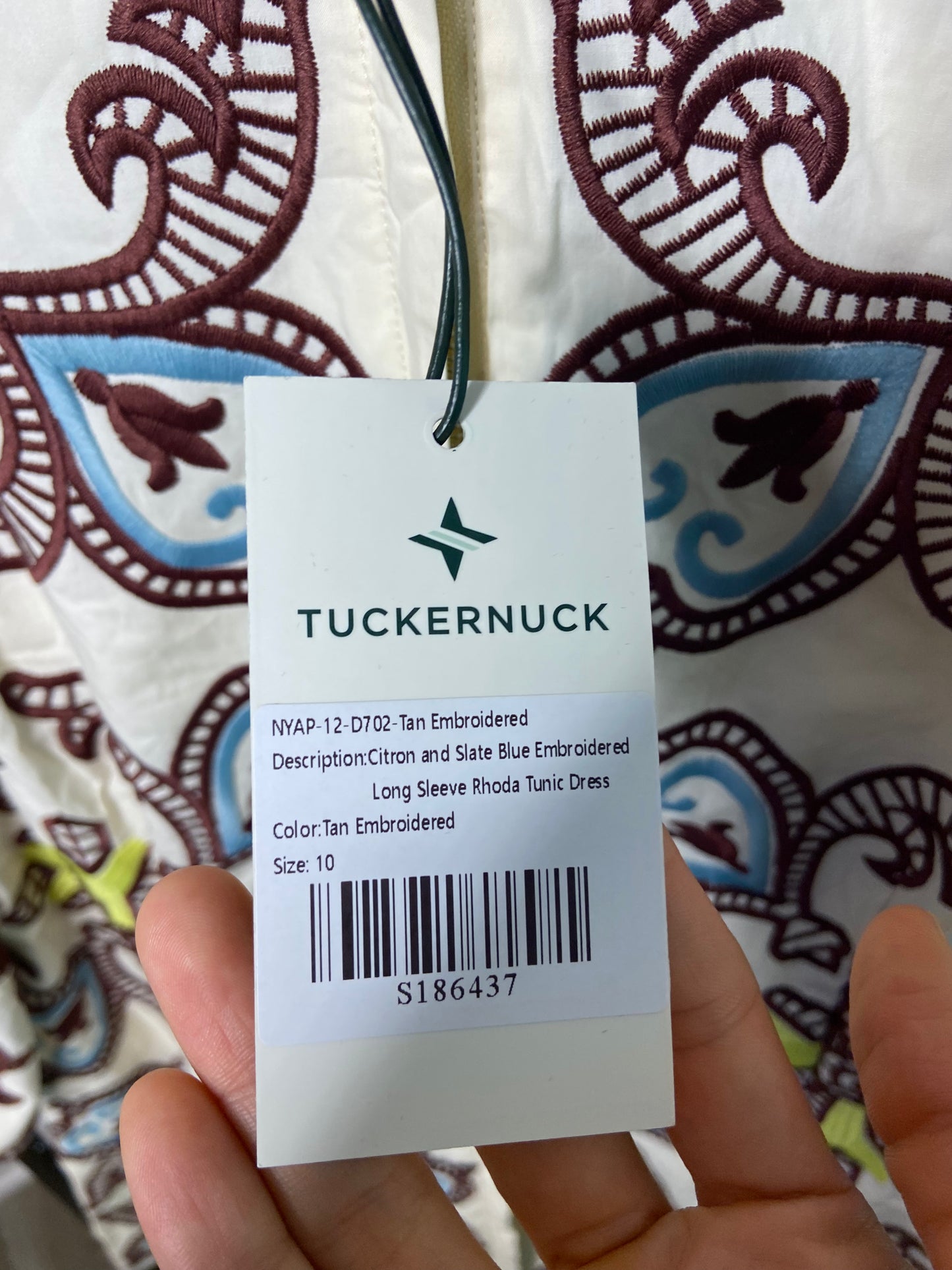 Tuckernuck Citron and Slate Blue Embroidered Long Sleeve Rhoda Tunic Dress size 10