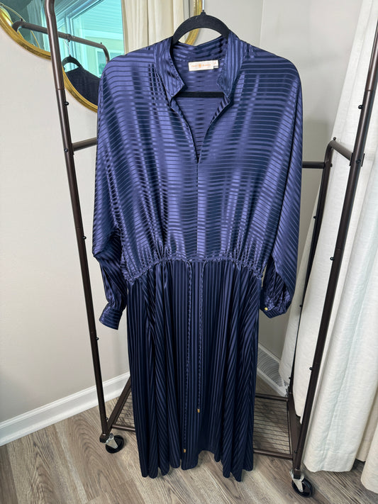 Tory Burch Stripe Long Sleeve Drawstring Silk Maxi Dress size L