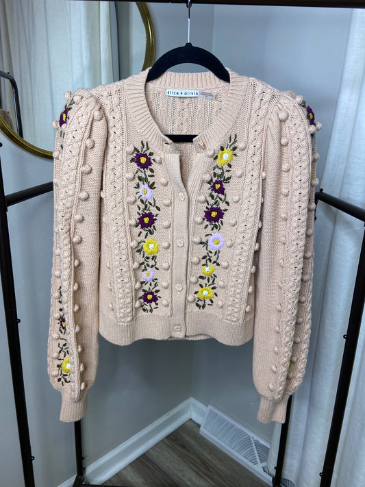 Alice and Olivia Embroidered Kitty Puff Sleeve Cardigan size S