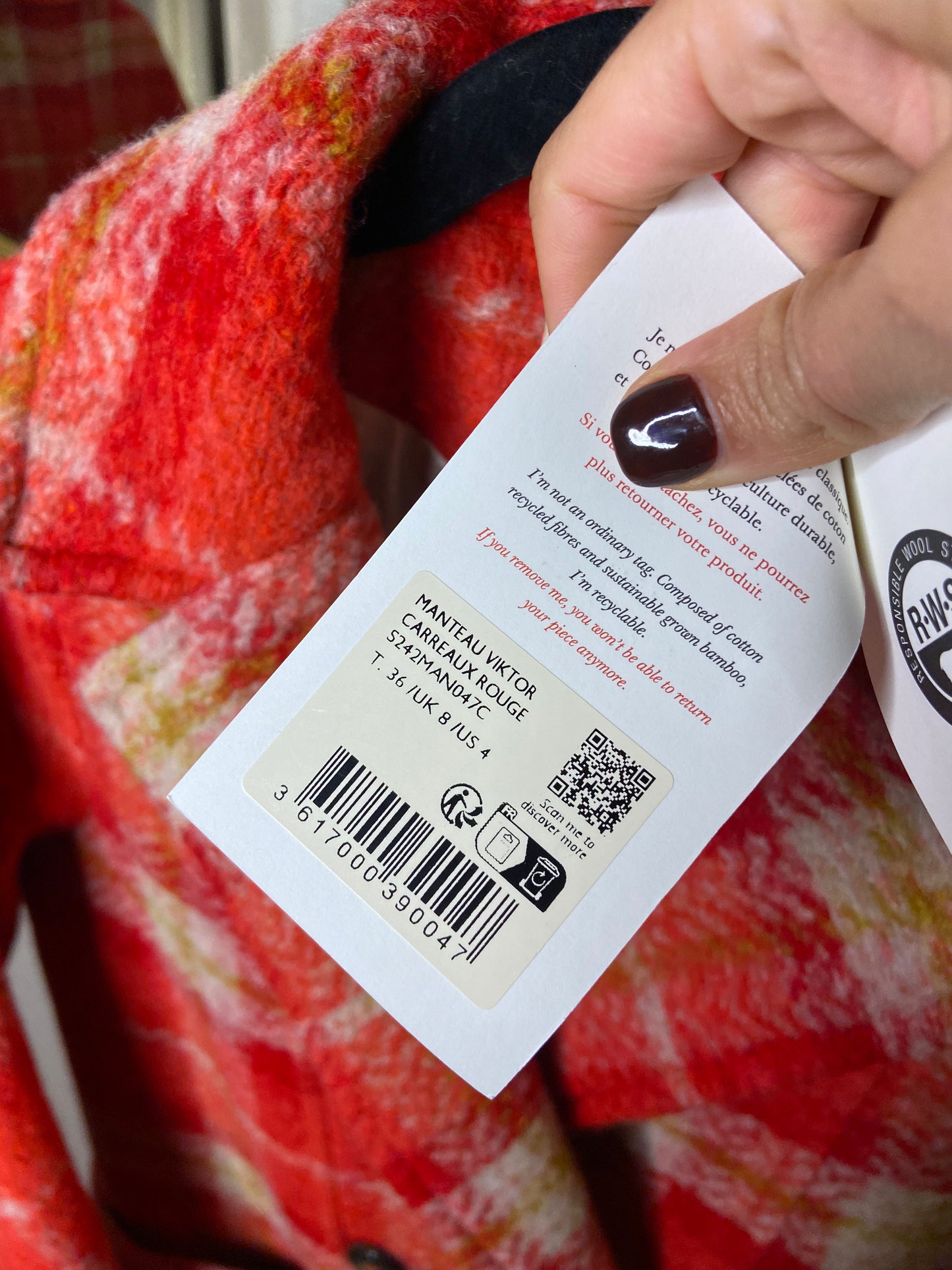Sezane Viktor Coat Red Check size US 4