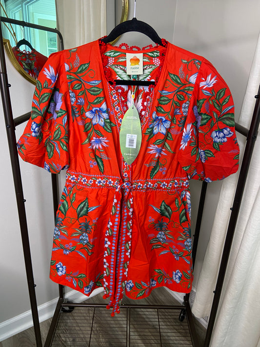 Farm Rio Red Sweet Bloom Bouquet Romper size M