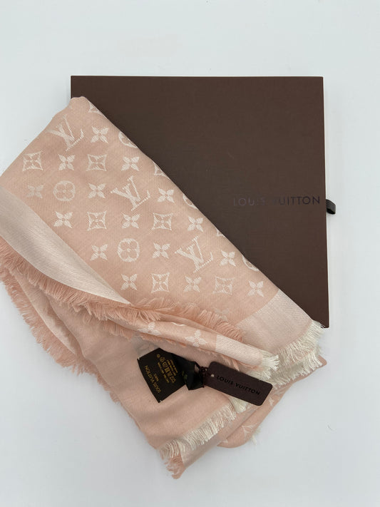 Louis Vuitton Silk Wool Monogram Shawl Denim Rose