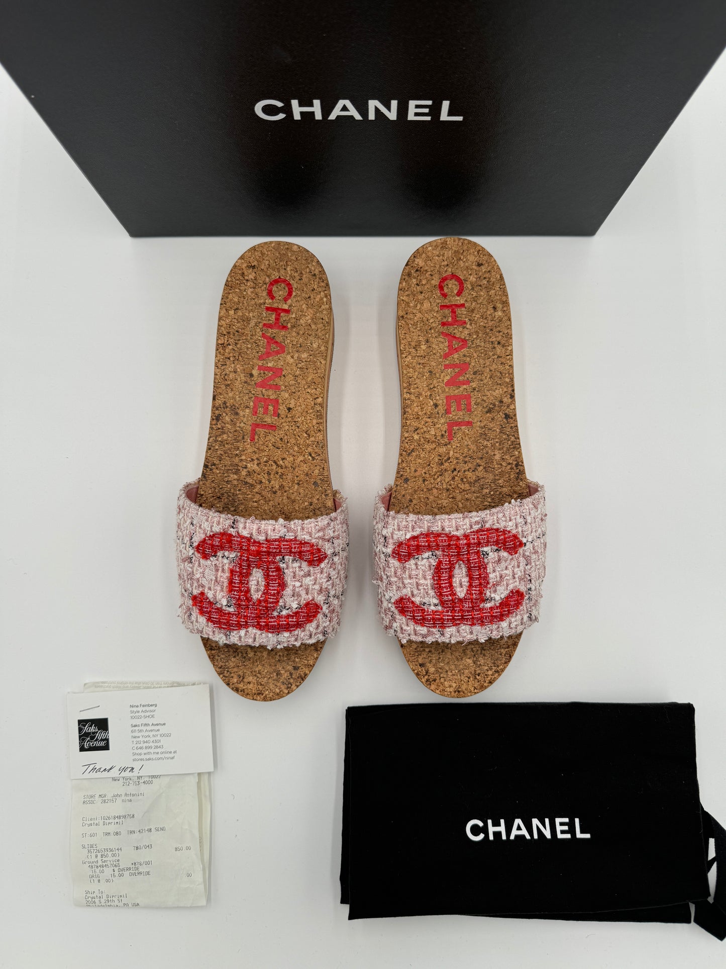 CHANEL Pink and Red Tweed CC Logo Mules size 41