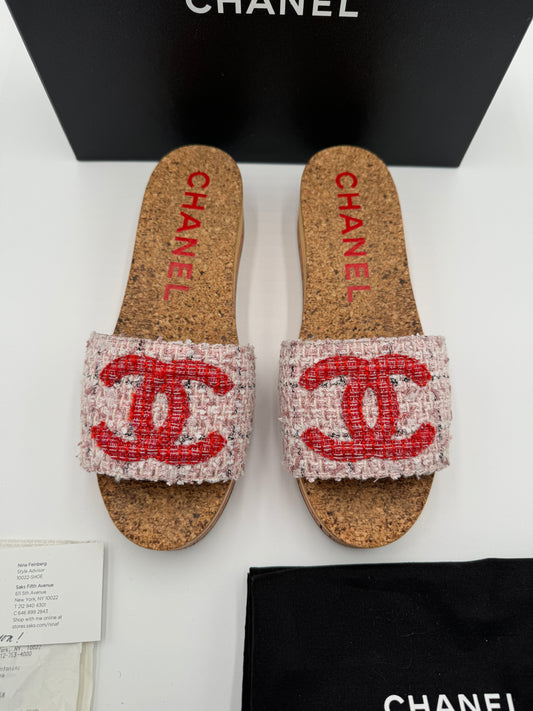 CHANEL Pink and Red Tweed CC Logo Mules size 41