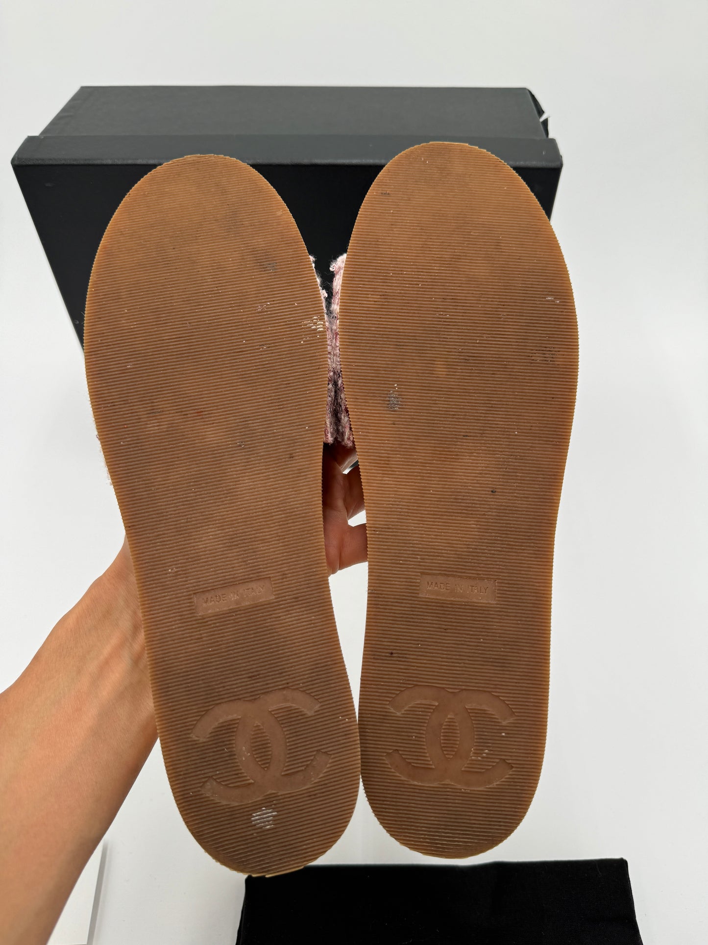 CHANEL Pink and Red Tweed CC Logo Mules size 41