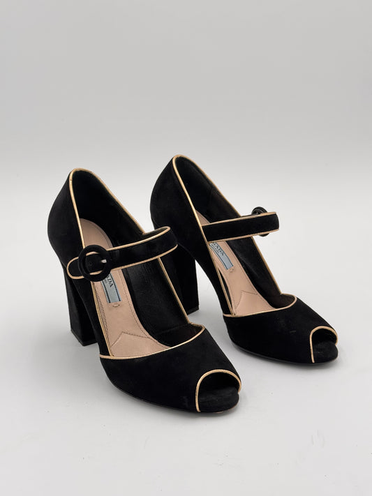 Prada Black Suede Mary Jane Pumps size 36