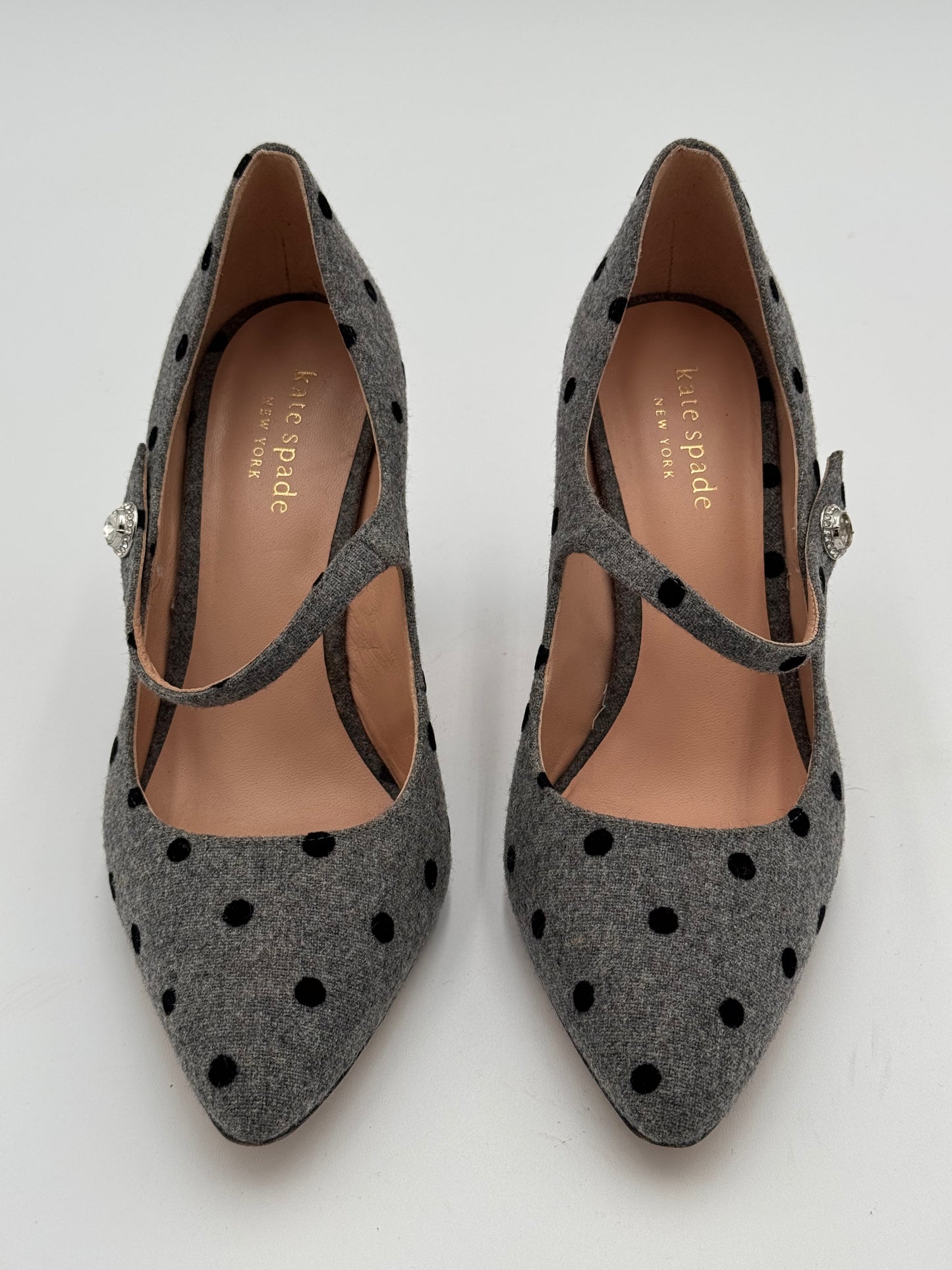 Kate Spade Maren Pumps Gray Felt Black Velvet Polka Dots Heels Shoes size 6