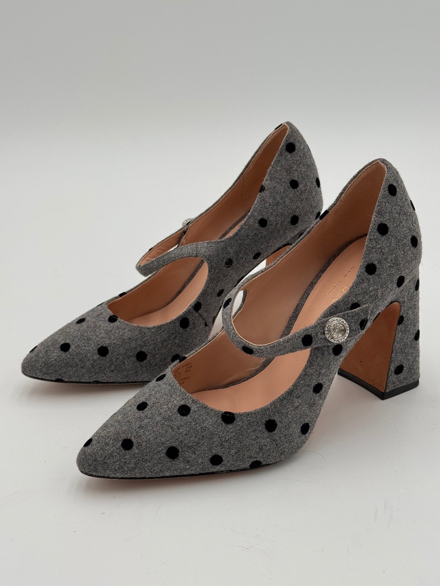 Kate Spade Maren Pumps Gray Felt Black Velvet Polka Dots Heels Shoes size 6