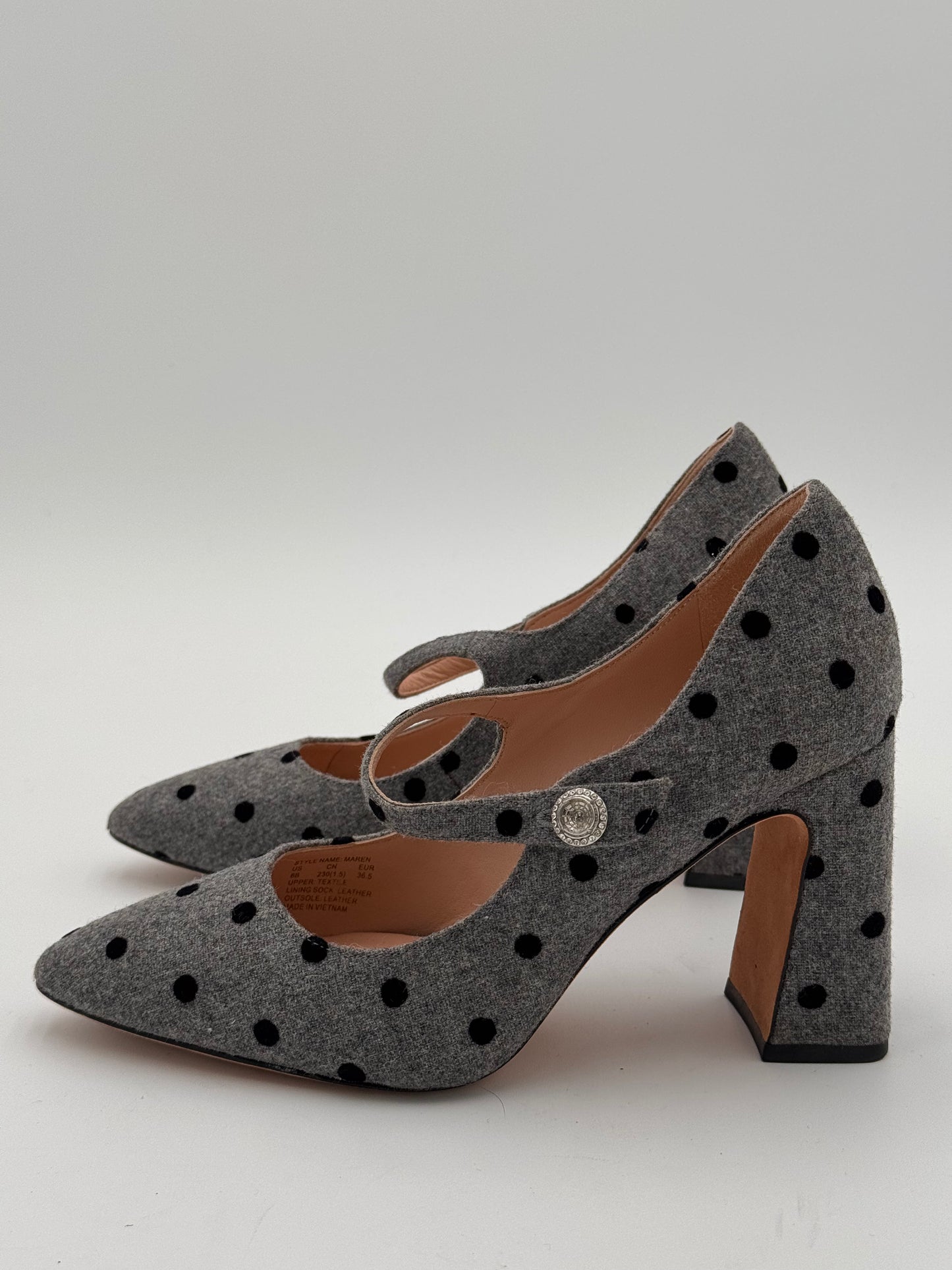 Kate Spade Maren Pumps Gray Felt Black Velvet Polka Dots Heels Shoes size 6
